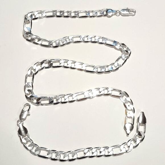 925 Silver Necklace & Bracelet Set WIDE 10MM Figaro Valentine's Birthday Gift